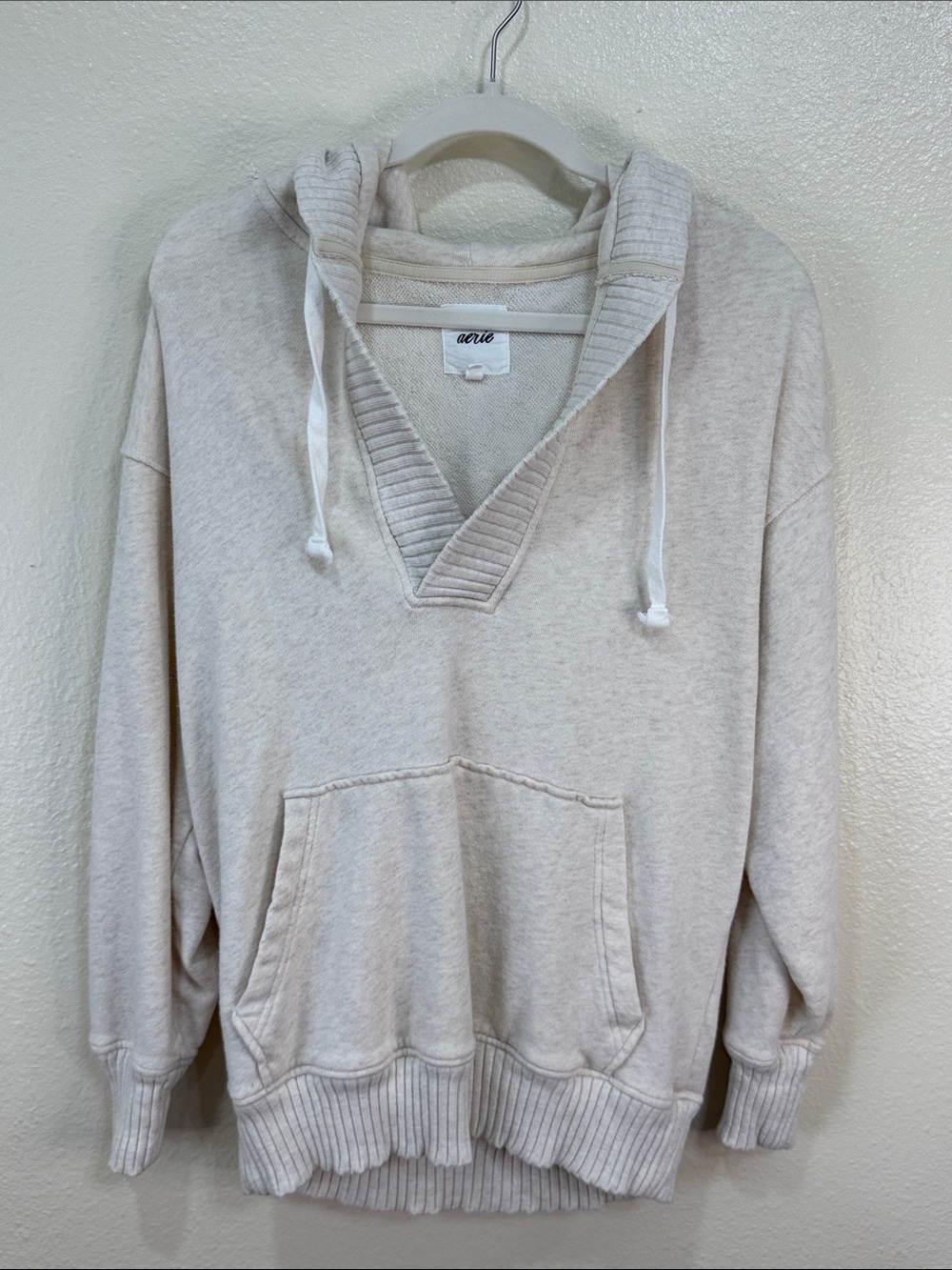 Aerie Down to Earth Oatmeal Oversized V-Neck Hooded Pullover Sweatshirt Size XS